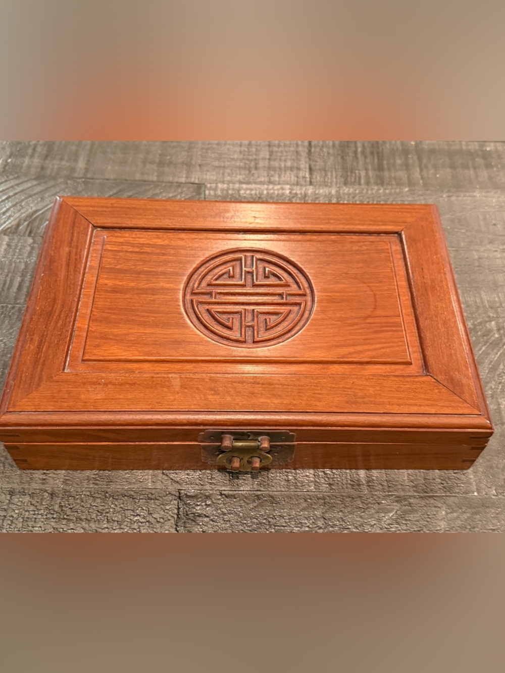 Vintage Chinese Wooden Jewelry Box Longevity Symbol Red Silk Lined Brass Clasp